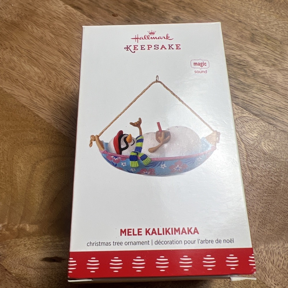 Hallmark Ornament 2017 Mele Kalikimaka Magic Sound‎ Tropical Snowman Hammock EUC